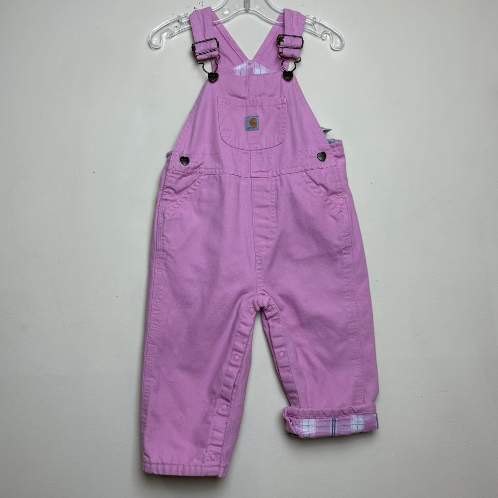 Carhartt Baby Girl Pink Plaid Blanket Lined Overalls Size 18M Heart Buttons